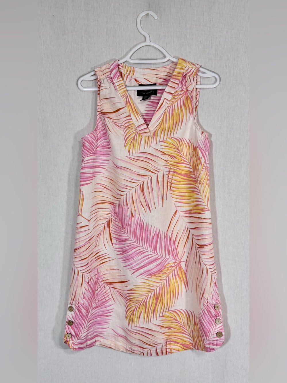 Tahari XS 100% Linen Sleeveless Tropical Leaf Shift Dress in Pink & Yellow